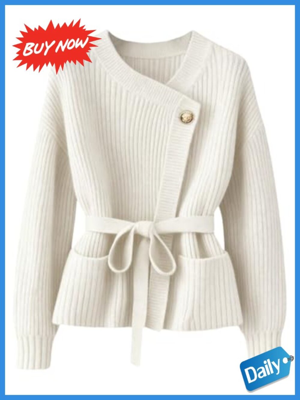 Ribbed Knit Belted Asymmetrical Cardigan Long Sleeve Lightweight Women's Sweater